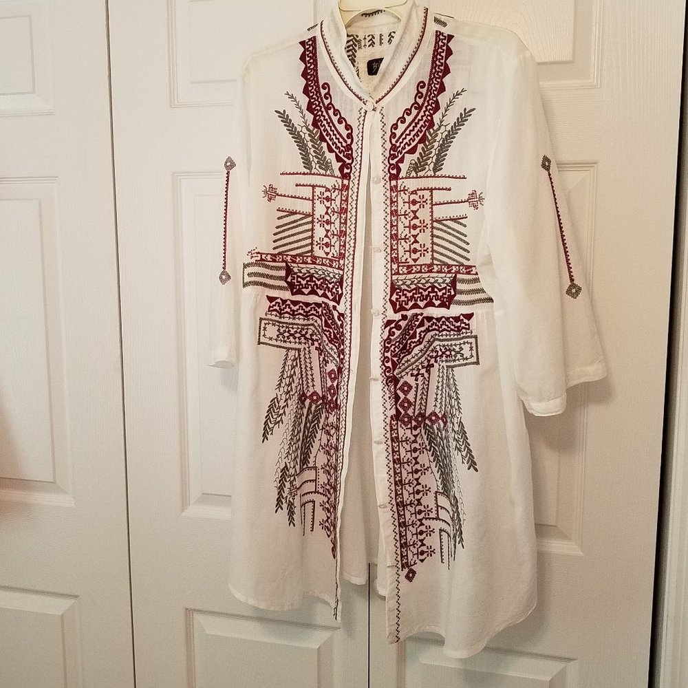 Johnny Was Biya Embroidered Cotton Blouse Size XL
